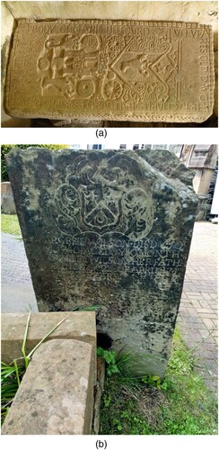Figure 6. Some distinctive early gravestones for young girls of settler families. (a) HERE LYETH THE/ BODY OF MARIE BELFOURD OF TWO YEA/ RES OLD DAUGHT/ ER TO CHARLES BALFOURD ESQR WHO DEPAR/ TED THIS LYFE THE/ 10 OF NOVBR AN/ NO 1672. Aghalurcher graveyard, Co. Fermanagh (© Crown DfC Historic Environment Division). (b) MARGRET WILSON DIED YE 1 OF/ DECR 1740 AGED 1 YR 9 MONTH/ ALSO WILLM WILSON HER FATHER/ WHO DIED YE 23 OF APRIL 1742/ AGED 33 YEARS. St Patrick’s graveyard, Coleraine, Co. Derry (photograph L. McKerr).