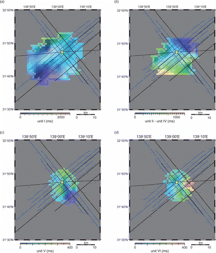 Fig. 7.  Thickness variations in two-way traveltime estimated from the grid of site surveys around Site U1437: (a) thickness of unit I; (b) thickness from unit II – IV; (c) thickness of unit V; (d) thickness of unit VI. The yellow star shows the location of Site U1437.