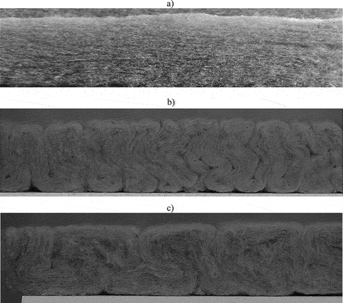 Figure 1. Differently oriented wool fibers in the product: a) horizontal orientation; b) finely corrugated; c) coarsely corrugated.