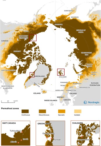 Figure 1. Location of the three focus communities located within the Arctic Circumpolar Permafrost Region.