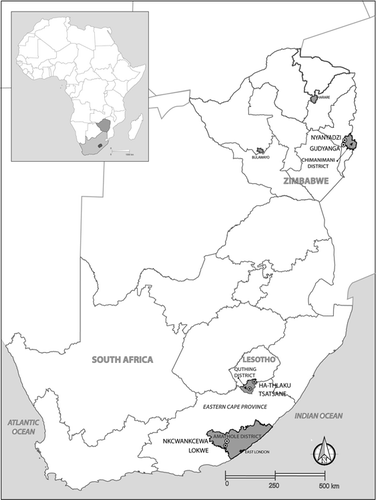 Figure 1 Study sites in South Africa, Lesotho, and Zimbabwe.