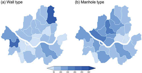 Figure 4. The spatial distribution in the annual average number of wintertime (December through February) frozen water meter for 11 years (2008/09–2018/19). (a) wall type, and (b) manhole type.