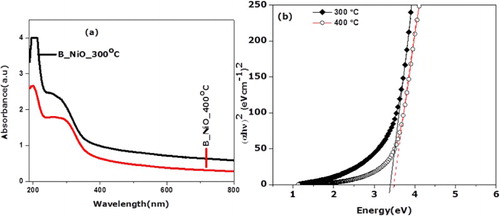 Figure 5. (a) UV–vis absorption spectrum of biosynthesized NiO nanocrystals, and (b) plot (α hυ)2 vs. hυ for the biosynthesized NiO nanocrystals.