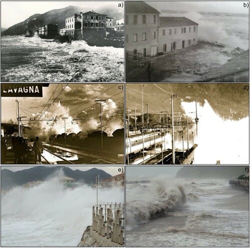 Figure 5 Historical and recent sea storms that affected the shoreline of the Entella floodplain: (a) Chiavari, 1906 (‘E. Migone’, photographer archive in Chiavari); (b) Chiavari, 1955 (‘Museo Marinaro Tommasino-Andreatta’, Chiavari); (c,d) Lavagna, December 1976-January 1977 (‘Tigullio News’); (e) Lavagna, November 2011 (‘Il Secolo XIX’); (f) Chiavari, October 2018 (YouTube).
