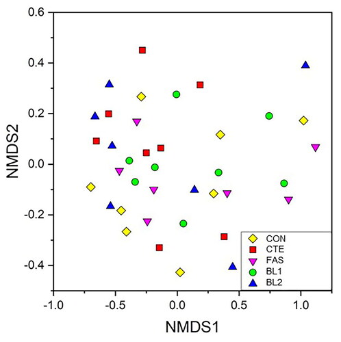 Figure 2. Non-metric multidimensional scaling plot based on Hellinger transformed ASVs abundance data. The microbial community in the caecum of the chickens fed the tested diets are not different. Stress = 0.0993. Diet treatments: CON, negative control; FAS, positive control diet with 1.5g/100g on DM of SMCFAs added to CON; CTE, positive control diet obtained with 1.5 g/100g on DM of CHT extract added to CON, BL1 obtained with 1.5 g/100g on DM of BL added to CON, BL2 with 3.0 g/100g on DM of BL added to CON