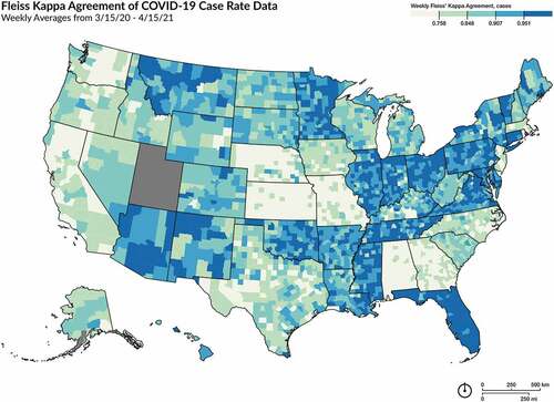 Figure 8. Map of county-level Fleiss’ kappa agreement of case data between datasets from 3/15/2020 to 4/15/2021.