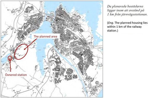 Figure 10. Location of planned new housing, within one km of the train station. Source: Vänersborg municipality (Citation2017a).