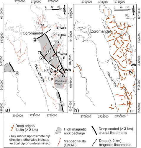 Figure 10. Interpretation of deep structural discontinuities. (a) Crustal-scale lineaments. (b) Deep magnetic worms (depth > 2 km). Wh = Whangamata, W = Waihi, K = Karangahake, GC = Golden Cross, BH = Broken Hills, CF = Coromandel Fault, KOST = Karangahake-Ohui structural trend, TWFZ = Tapu-Whitianga-Fault Zone, THHK = Tairua-Hikuai-Kaueranga Lineament. Labelled numbers (1–5) refer crustal lineaments with depth persistence greater than 3 km. Numbers labelled 6 and 7 refer magnetic lineaments with depth persistence up to 2 km.