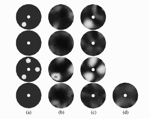 Figure 3 Reconstructed images for the first simulation: (a) true target, (b) reconstructions with EKF, (c) reconstructions with EKF-IE, and (d) reconstructions with mNR-IE.