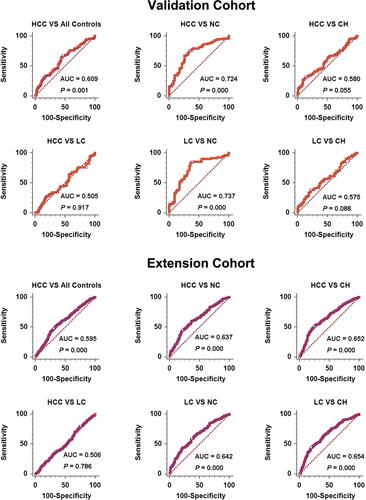 Figure 3 ROC curves of anti-FTL in discriminating HCC/LC with controls in validation cohort and extension cohort.