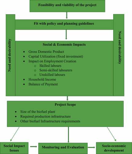 Figure 1. Conceptual framework of the SEIA of biofuel production in South Africa (Bloom, Citation2019).