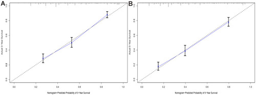 Figure 3 External validation of the nomogram: Calibration plot of the nomogram describing 3- (A) and 5-year (B) OS.