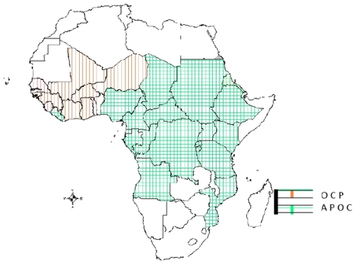 Figure 1 Map of Africa showing countries covered by the Onchocerciasis Control Project (OCP) and the African Onchocerciasis Control Programme (APOC).