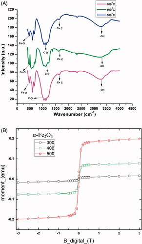 Figure 7. (A) FTIR spectrum of biogenic IONPs at 300, 400 and 500 °C (B) Magnetization curves of biogenic iron oxide nanoparticles.