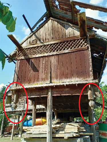Figure 20. Red circles depict the hanging position of the two buah buton (Muar) on the ground at the end of the porch, indicating that the house’s occupant or original owner (Penghulu Na’am) is a powerful individual in the Adat Perpatih.