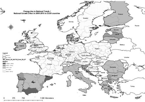 Figure 1. Employment change in N79 due to National Trends; National Growth Effect in EU28 during 2008–2016 period at NUTS 2 level.Source: Map made by authors, ESRI SHAPE file.