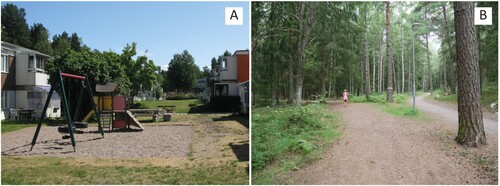 Image 1. Examples of modernist planning for outdoor and active recreation in Upplands Väsby showing local playgrounds in a multi-family housing neighbourhood (a), and a running path in an urban forest. Locations are indicated on Map 1. Photos by Nik Luka and Amalia Engström.