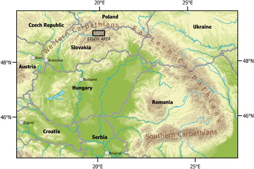 Figure 1. Location map of the Western and High Tatra Mts. within Carpathians. Topography is based on 1 × 1 km resolution digital elevation model (DEM) derived from GTOPO30 and provided by the European Environment Agency (www.eea.europa.eu).Note: The same data source was utilized to compile the inset map in the Main Map.