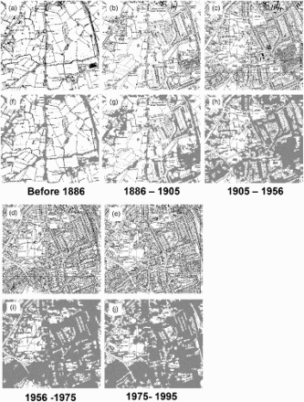 Figure 1. (a–j): Detail of historic OS maps for the Bournville area south of Birmingham and the results of automatic classification of built-up area in each example. Period built: before 1886 (a/f); 1886–1905 (b/g); 1905–1956 (c/h); 1956–1975 (d/i); 1975–1995 (e/j). Images provided by Ordnance Survey/EDINA service. © Crown Copyright/database right 2014.