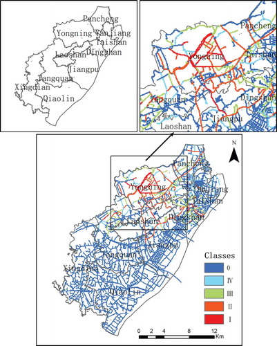 Figure 5. Resulting map of the impact assessment of rainstorm waterlogging on the traffic and transportation industry at 21:30 on 28 September 2014, in Pukou District, China. Class 0 represents the lowest level; Class I represents the highest level and the most influential area.Source: Pukou Meteorological Bureau and Nanjing Land and Resources Bureau, 2015.