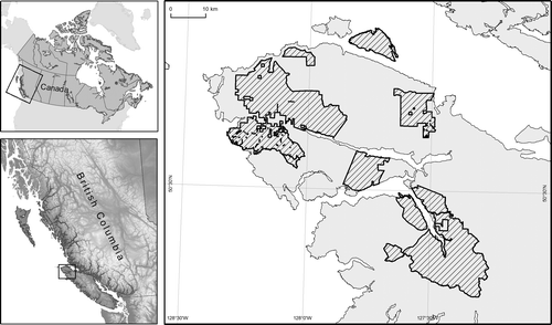 Study area location. The hatched areas indicate where ALS was acquired in 2012.