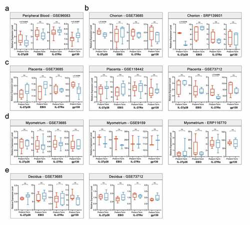 Figure 1. The mRNA expression levels of IL-27 (IL-27p28 and EBI3) and IL-27 receptor (IL-27Rα and gp130) in term and preterm pregnancies samples. (a) maternal peripheral blood, (b) chorion tissues, (c) placenta tissues, (d) myometrium tissues, and (e) decidua tissues