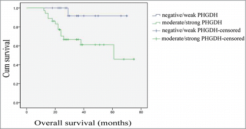 Figure 2. Survival analysis of 54 cervical adenocarcinoma patients by Kaplan–Meier analysis and log-rank test. Overall survival rate in patients with moderate/strong PHGDH expression was significantly lower than that in patients with negative/weak PHGDH expression (log-rank P = 0.018).
