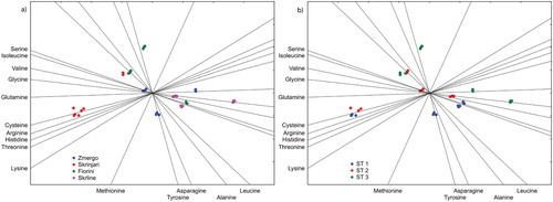 Figure 3. PLS analysis of cv. Malvasia Istriana grape juice free amino acids under A, soil type and B, grapevine growth stage effect.