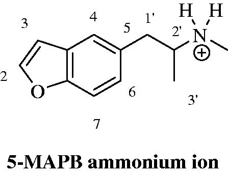 Figure 9. Chemical structure and numbering of 1-(benzofuran-5-yl)-N-methylpropan-2-ammonium ion (5-MAPB).