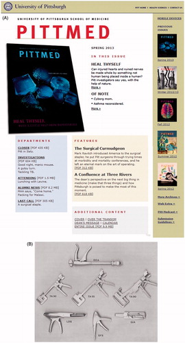 Figure 3. (A) The 2013 spring issue of PittMed where the amazing story of surgical staplers and their introduction into the clinical practice by Marc Ravitch was narrated, unveiling relevant anecdotes. (B) The United States Surgical Corporation assisted by Ravitch introduced the early version of reusable surgical stapler in 1972.