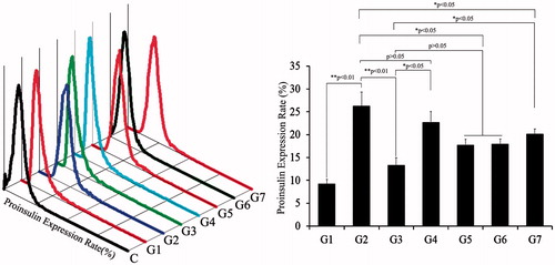 Figure 9. Insulin expression in beta cells derived with different combinations of inducers. Analyses of proinsulin expression using FCM. The percentage of cells expressing insulin was highest in G2. C: control; G1: group 1, PSCs; G2: group 2, PSCs induced with a cocktail of growth factors; G3: group 3, melatonin-treated PSCs induced with growth factors; G4: group 4, melatonin-treated PSCs overexpressing siMT1 and induced with growth factors; G5: group 5, melatonin-treated PSCs overexpressing siMT2 and induced with growth factors; G6: group 6, melatonin plus SCH772984-treated PSCs induced with growth factors; G7: group 7, melatonin plus SB431542-treated PSCs induced with growth factors.