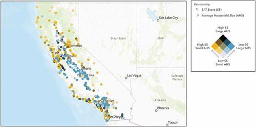 Figure 10. The map illustrates the negative relationship between SAT scores and average household sizes within a one-mile radius of each school location.