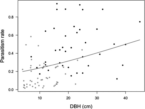 Figure 5. The relationship between parasitism rates (proportion) and the size of the tree measured in diameter at breast height (DBH). The symbols represent the fitted values for different locations (black symbols = Småland, gray symbols = Uppland). The regression line is an illustration of the trend in the fitted data for the total dataset (Table 3D).