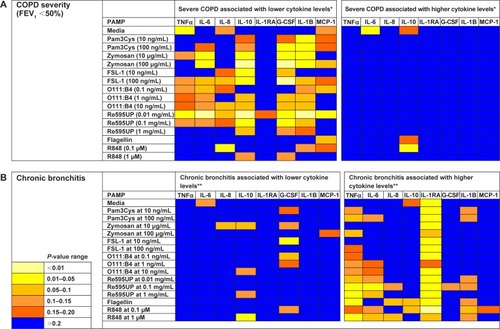 Figure 2 Heatmap showing the strength of tests of associations comparing cytokine levels for subjects with and without severe COPD or chronic bronchitis for each PAMP–cytokine level pair.