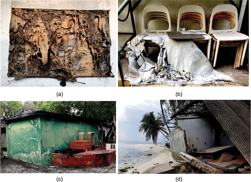 Figure 3. a. Decaying noticeboard (photo by authors) b. Plaster and chairs (source: authors) c. Discoloured green paint (source: authors) d. Destroyed chalet (source: authors).