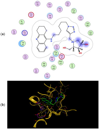 Figure 7. (a) Docking simulations for the interactions in the 11b-hBuChE complex. (b) Three-dimensional structure of hBuChE showing the binding mode of compound 11b. The residues, Ser198, His438, and Glu325, corresponding to the catalytic triad are depicted in sticks.