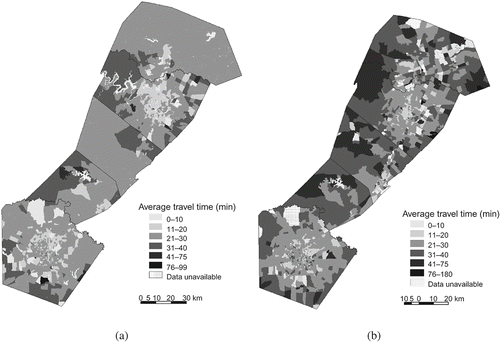 Figure 7. Average travel time based on residence locations: (a) 1990; (b) 2000.