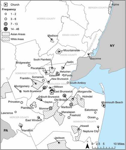 Figure 2. Map of respondents’ residential location and church, New Jersey.