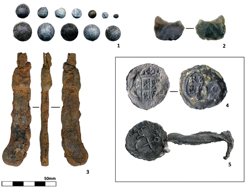 FIG. 14 Metal and stone artefacts recovered in the earthwork feature (TR/S/T-1). 1. various calibres of lead shot, both impacted and intact; 2. flint fire-starter or a gunflint of a later period; 3. iron ladle or knife handle; 4. Spanish lead cloth seal; 5. lead cloth seal of unknown provenance, length:45mm.