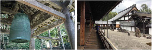 Figure 6. Responsive features and materials. (a) A bell in Shorin-in temple, Ohara, north of Kyoto. (b) Wooden walkways and verandas by the karesansui garden of the Abbott’s hall in Tōfuku-ji temple in Kyoto.