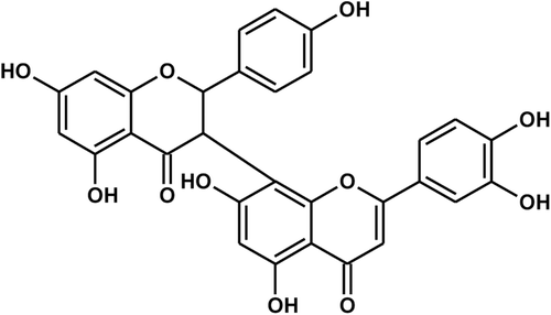 Figure 1.  Structure of fukugetin. IUPAC name: 8-[(2S,3R)-5,7-dihydroxy-2-(4-hydroxyphenyl)-4-oxo-2, 3-dihydrochromen-3-yl]-2-(3,4-dihydroxyphenyl)-5,7-dihydroxychromen-4-one.