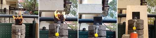 Figure 6. The visualisation of plastic composite block samples while being fired by the blowtorch at eight minutes time intervals. Left to right: 100% MLP, MLP+ SG, MLP+ AB, and MLP + SP.