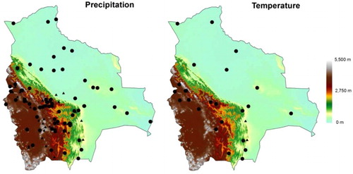 Figure 1. Elevation and meteorological stations available for precipitation and temperature in Bolivia (circles: selected stations; triangles: discarded stations).