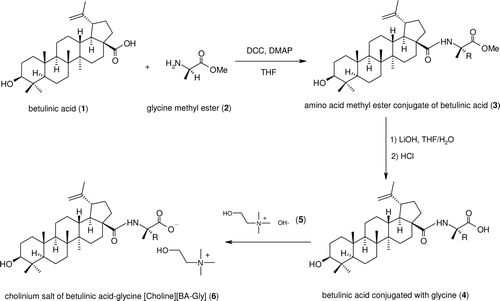 Scheme 2.  General steps for preparing a cholinium salt of betulinic acid conjugated with an amino acid (6, [Choline][BA-Gly]).