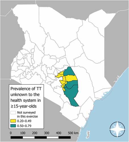 Figure 1. Trachomatous trichiasis (TT) prevalence unknown to the health system in people aged ≥15 years in ten evaluation units of Kenya (July 2018–April 2019). The boundaries and names shown and the designations used on this map do not imply the expression of any opinion whatsoever on the part of the World Health Organization concerning the legal status of any country, territory, city or area or of its authorities, or concerning the delimitation of its frontiers or boundaries.