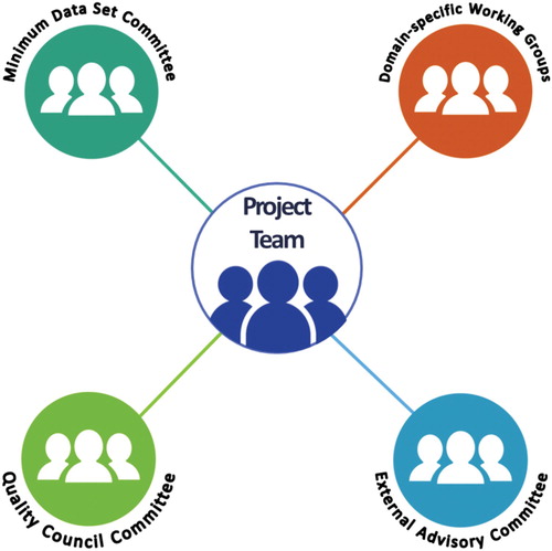 Figure 2 Overview of SCI-High Project Team structure which illustrates how the Project Team interacts with and coordinates activities across the Domain-specific Working Groups, External Advisory Committee, Toronto Rehab Spinal Cord Program, and the Data Set Committee.