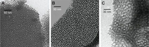 Figure 4 TEM images of mesoporous titania synthesized with the different templates.Notes: (A) CTAB, (B) P123, and (C) P123 + PPG (1:1).Abbreviations: TEM, transmission electron microscopy; CTAB, cetyltrimethylammonium bromide; P123, Pluronic® P123; PPG, polypropylene glycol.
