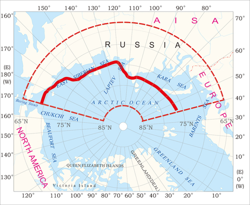 Figure 1. The primary seas and straits through the NEP and the Eastern Arctic region. The red sector represents the study area and the red curve shows the NEP.