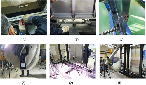 Figure 10. Impact test setup: (a) Installment of the stopper, (b) Installment of the guide shoe, (c) Installment of side hook, (d) Impactor height setup, (e) High-speed camera, and (f) Total impact test setup.