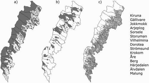 Figure 2. Maps of the Swedish mountain municipalities illustrating (a) National interests; (b) National parks, nature and culture reserves and (c) Productive forest land, as features that substantially influence their MCPs.